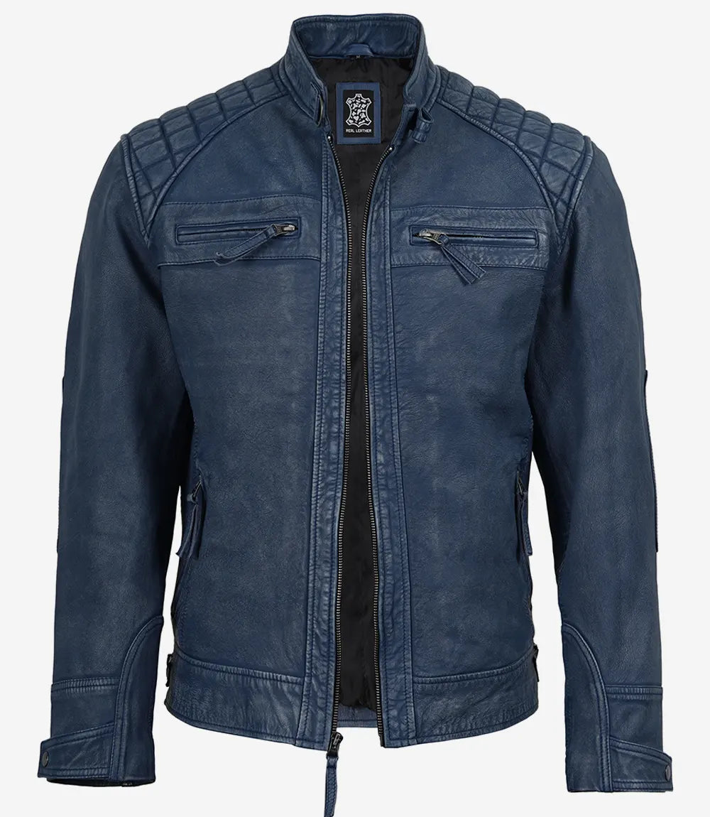 Arya Men's Blue Distressed Washed Leather Moto Jacket