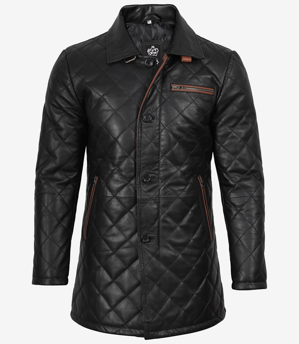 Men's Black Diamond Quilted Leather Car Coat