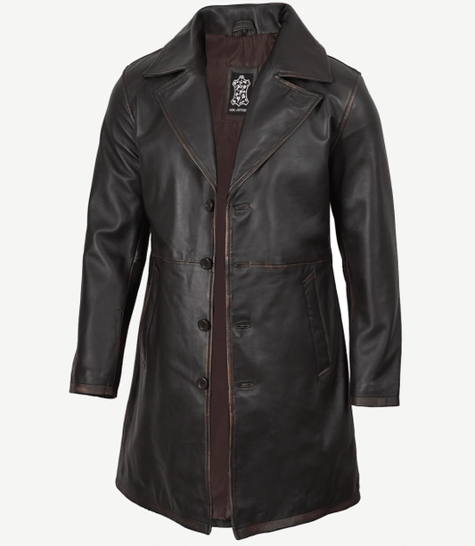 Men's Real Leather 3/4 Length Dark Brown Car Coat
