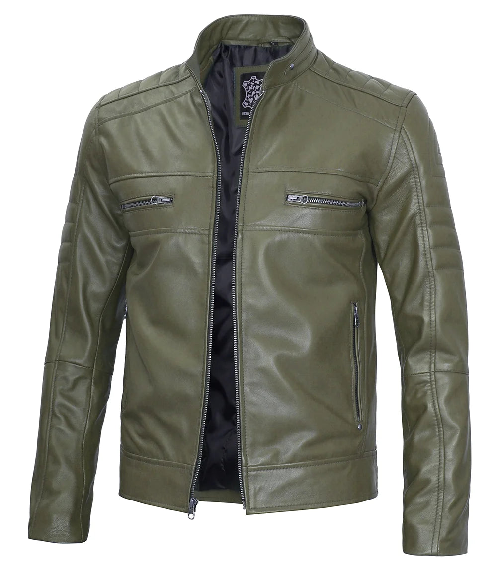 Arya Men Cafe Racer Dark Green Real Leather Jacket