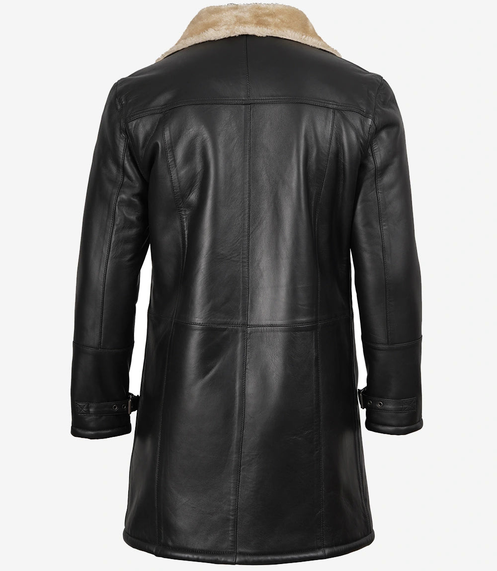 Men Black Leather Shearling Coat with Beige Faux Shearling