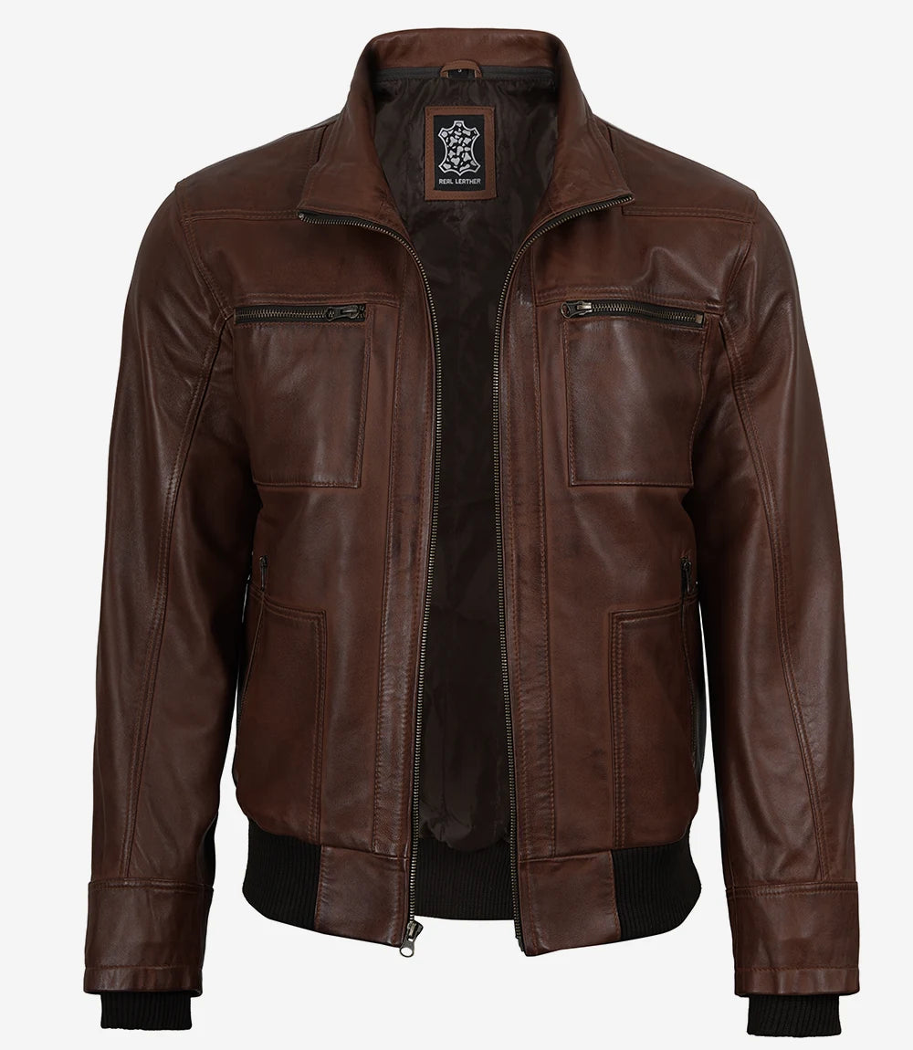 Men's Cognac Lambskin Waxed Leather Jacket — Detachable Hood