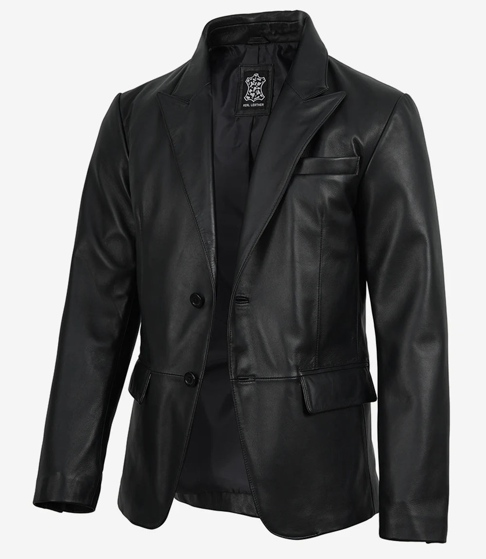 Men's Black Real Lambskin Leather Blazer – Peak Lapel Tailored Fit
