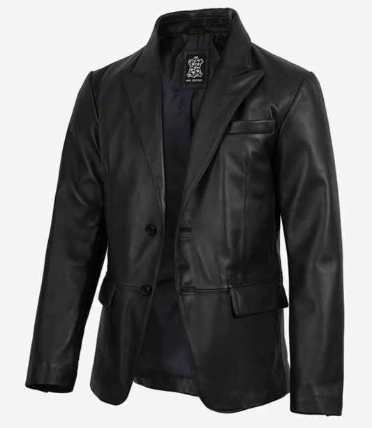 Men's Black Real Lambskin Leather Blazer – Peak Lapel Tailored Fit