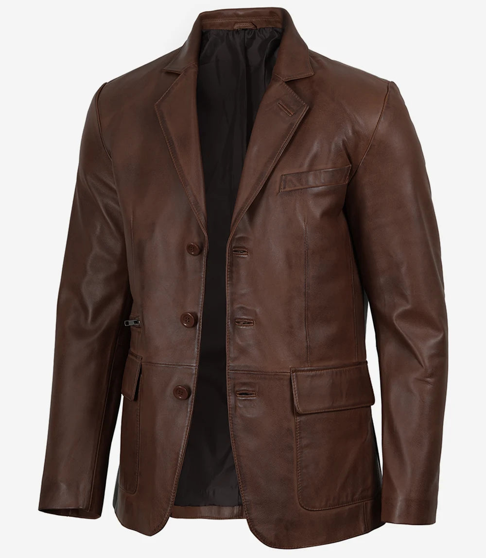 Arya Men's Cognac Three Button Leather Blazer