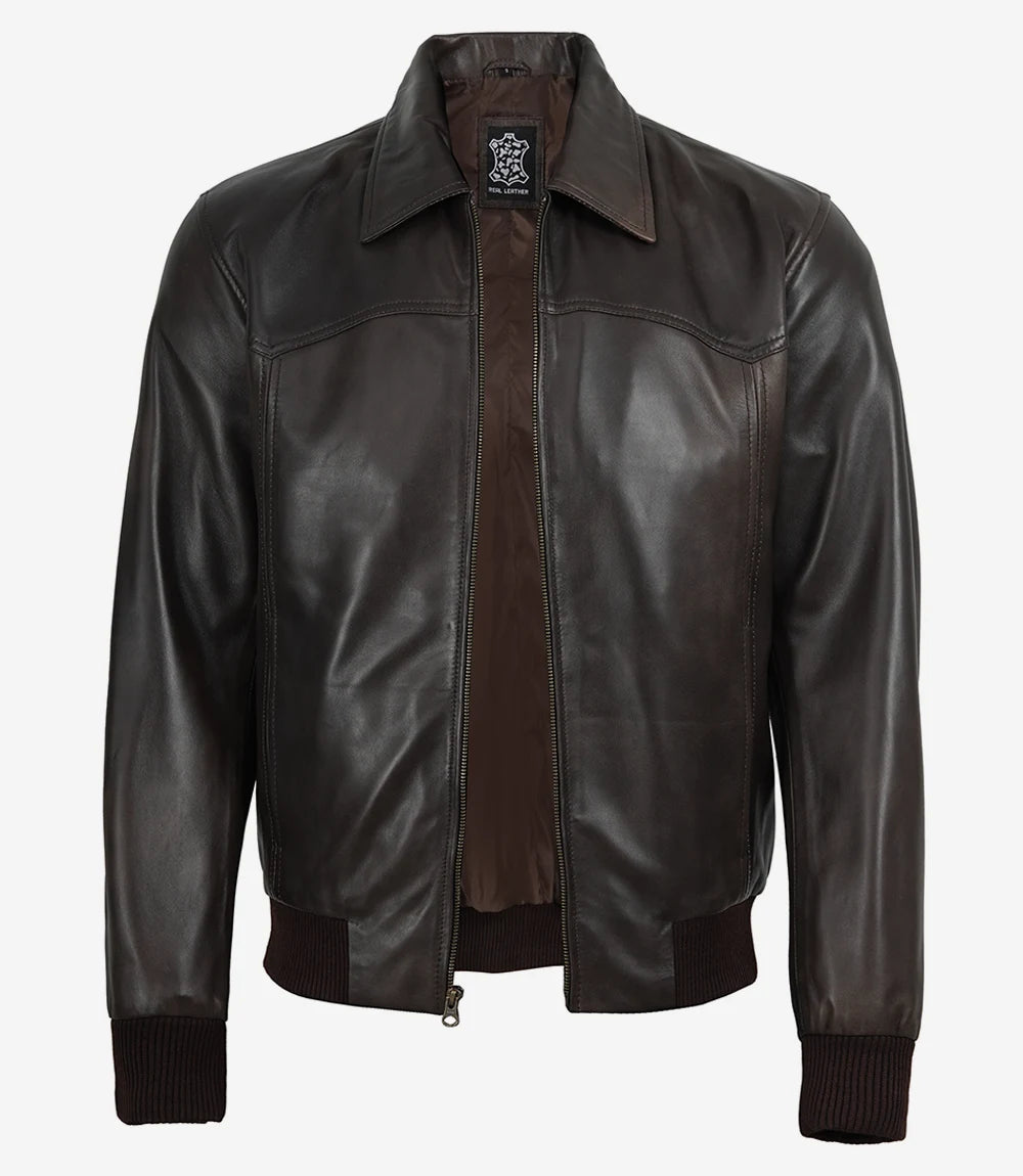 Men's Vintage Brown Bomber Leather Jacket - Harrington Style