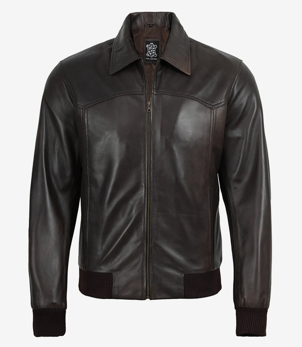 Men's Vintage Brown Bomber Leather Jacket - Harrington Style