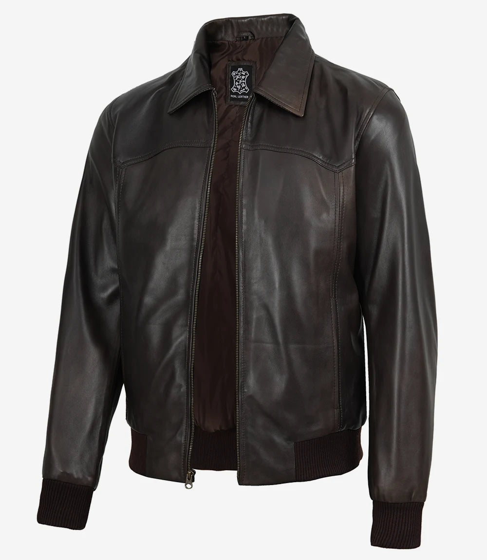 Men's Vintage Brown Bomber Leather Jacket - Harrington Style