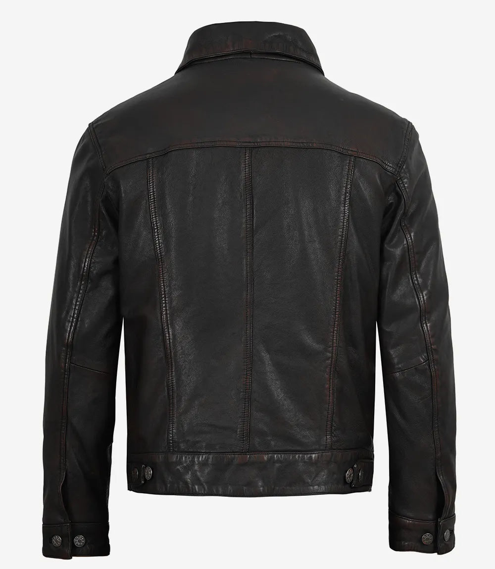 Men's Maroon Distressed Black Washed Leather Jacket - Trucker Style