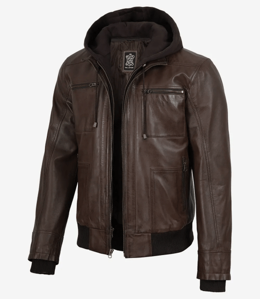 Men's Dark Brown Bomber Real Leather Jacket With Removable Hood