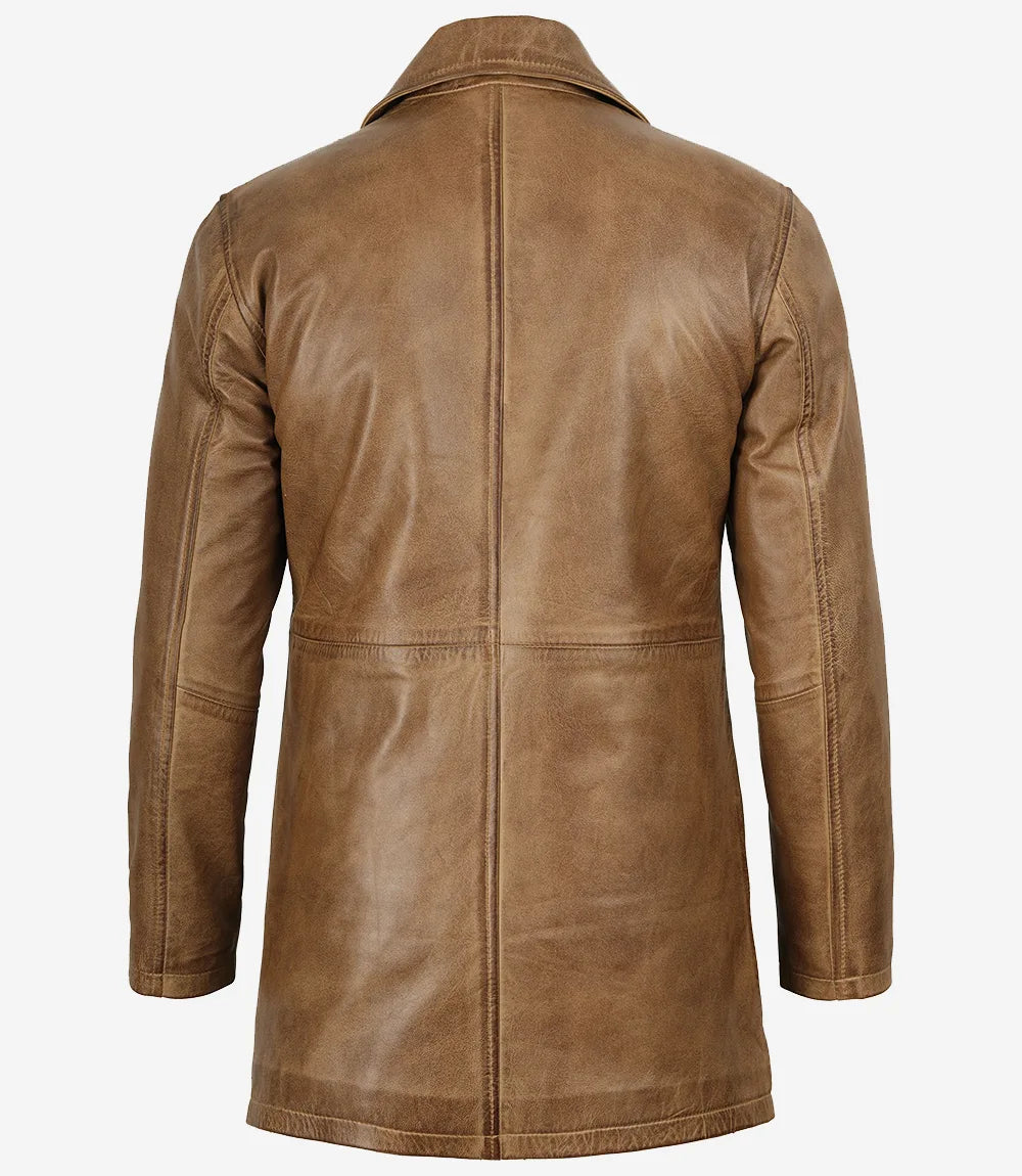 Men’s Real Leather Camel Brown 3/4 Length Car Coat