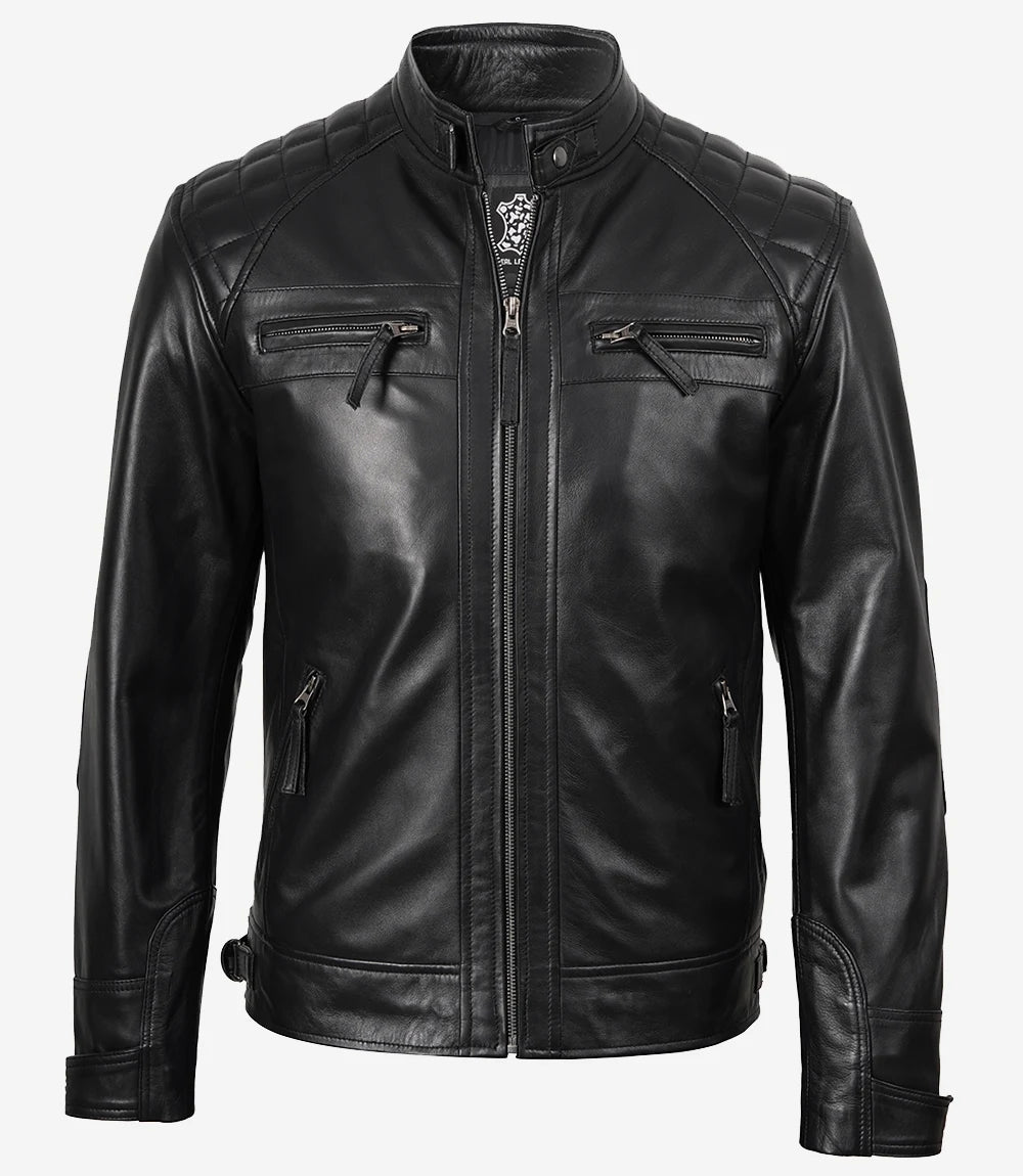 Tall Diamond / Quilted Men's Black Cafe Racer Biker Fashion Jacket