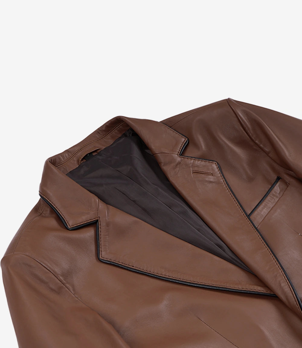 Men's Cognac Brown Lambskin Leather Blazer – Black Piping Detail