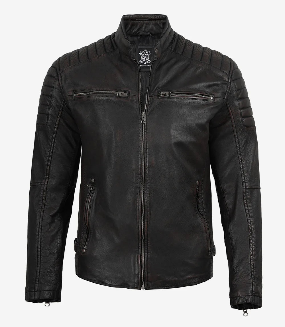 Men's Maroon Distressed Black Washed Biker Leather Jacket