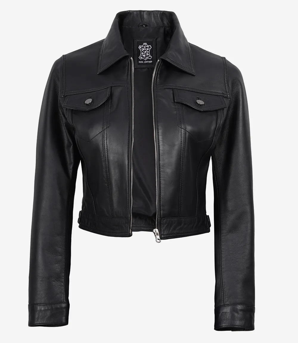 Women's Black Lambskin Leather Cropped Harrington Jacket