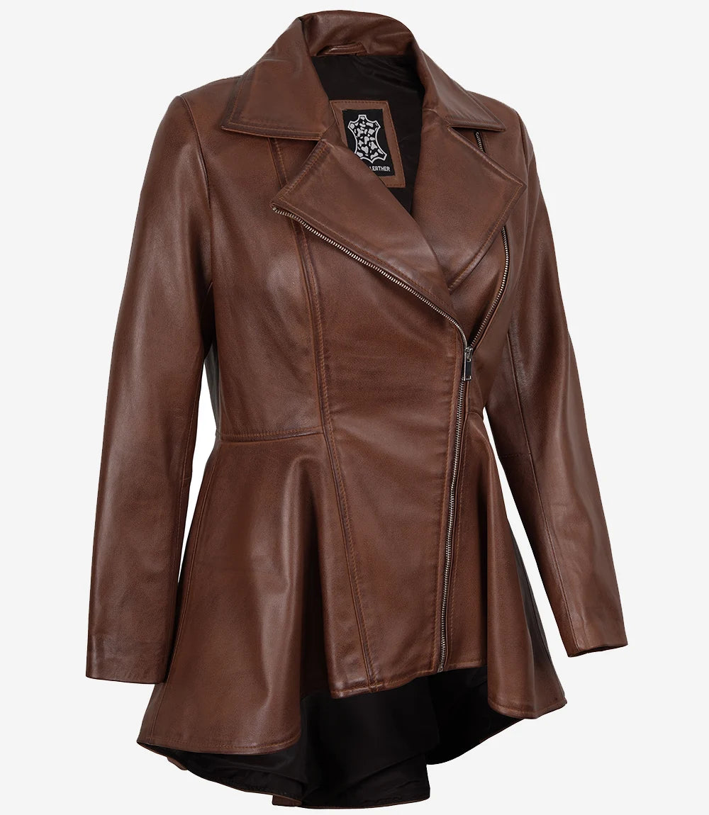 Women's Cognac Brown Wax Peplum Leather Jacket