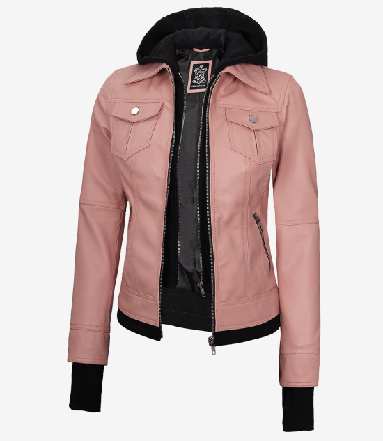 Women's Bomber Pink Real Leather Jacket with Hood