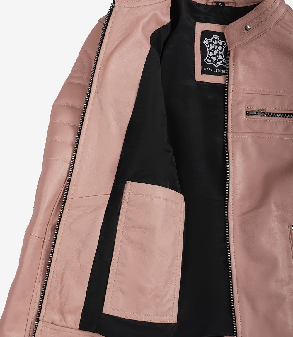 Women's Pink Cafe Racer Real Leather Jacket