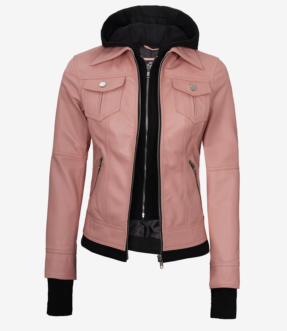 Women's Bomber Pink Real Leather Jacket with Hood