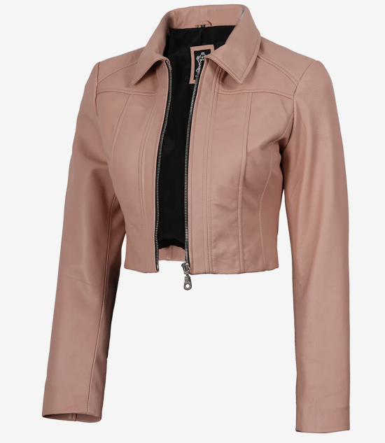 Women's Pink Cropped Leather Harrington Jacket
