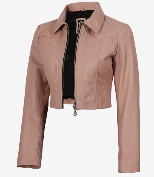 Women's Pink Cropped Leather Harrington Jacket