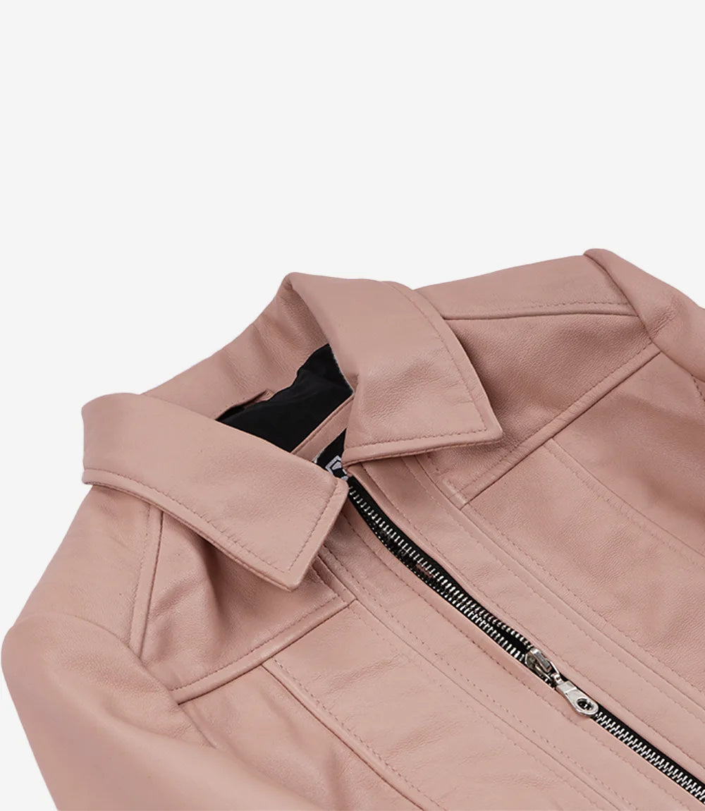 Women's Pink Cropped Leather Harrington Jacket