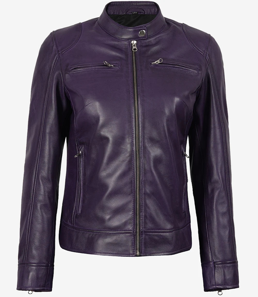 Women's Purple Leather Biker Jacket