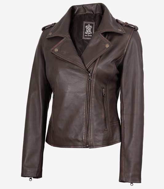 Women's Dark Brown Asymmetrical Leather Biker Jacket