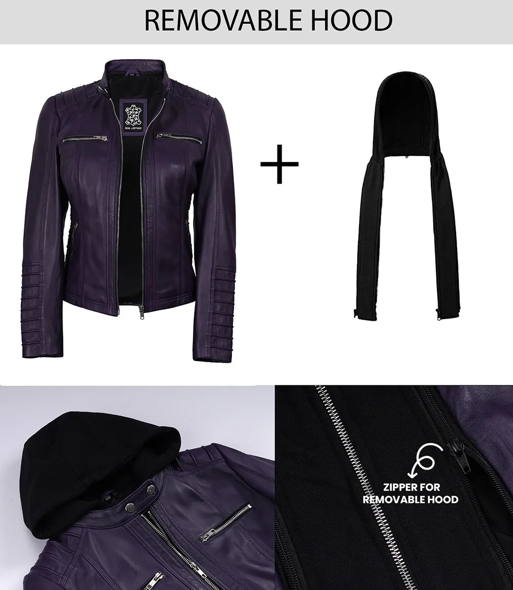 Women's Purple Lambskin Leather Jacket with Detachable Hood