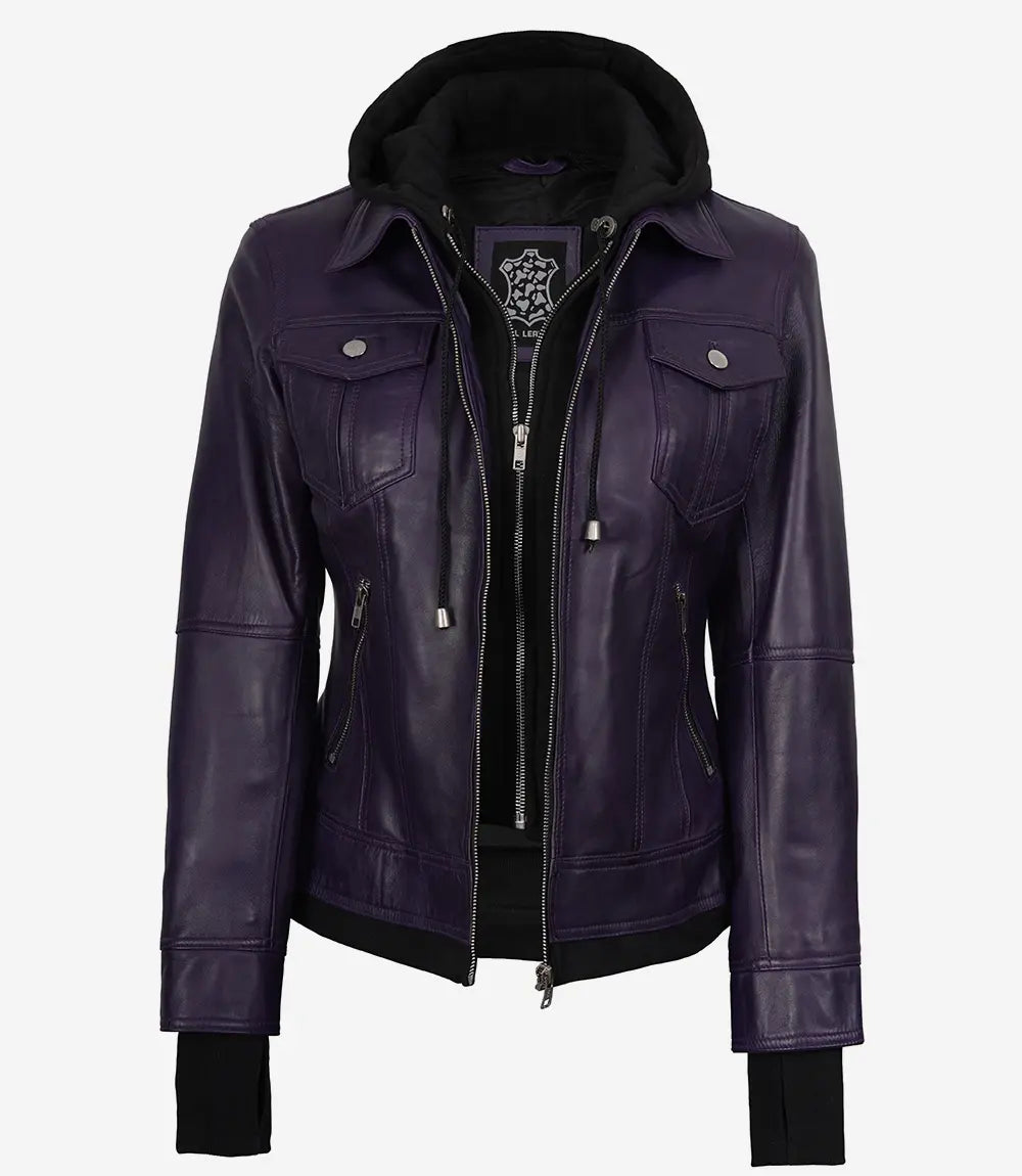 Women's Purple Hooded Leather Jacket — Removable Hood, Thumbhole Cuffs