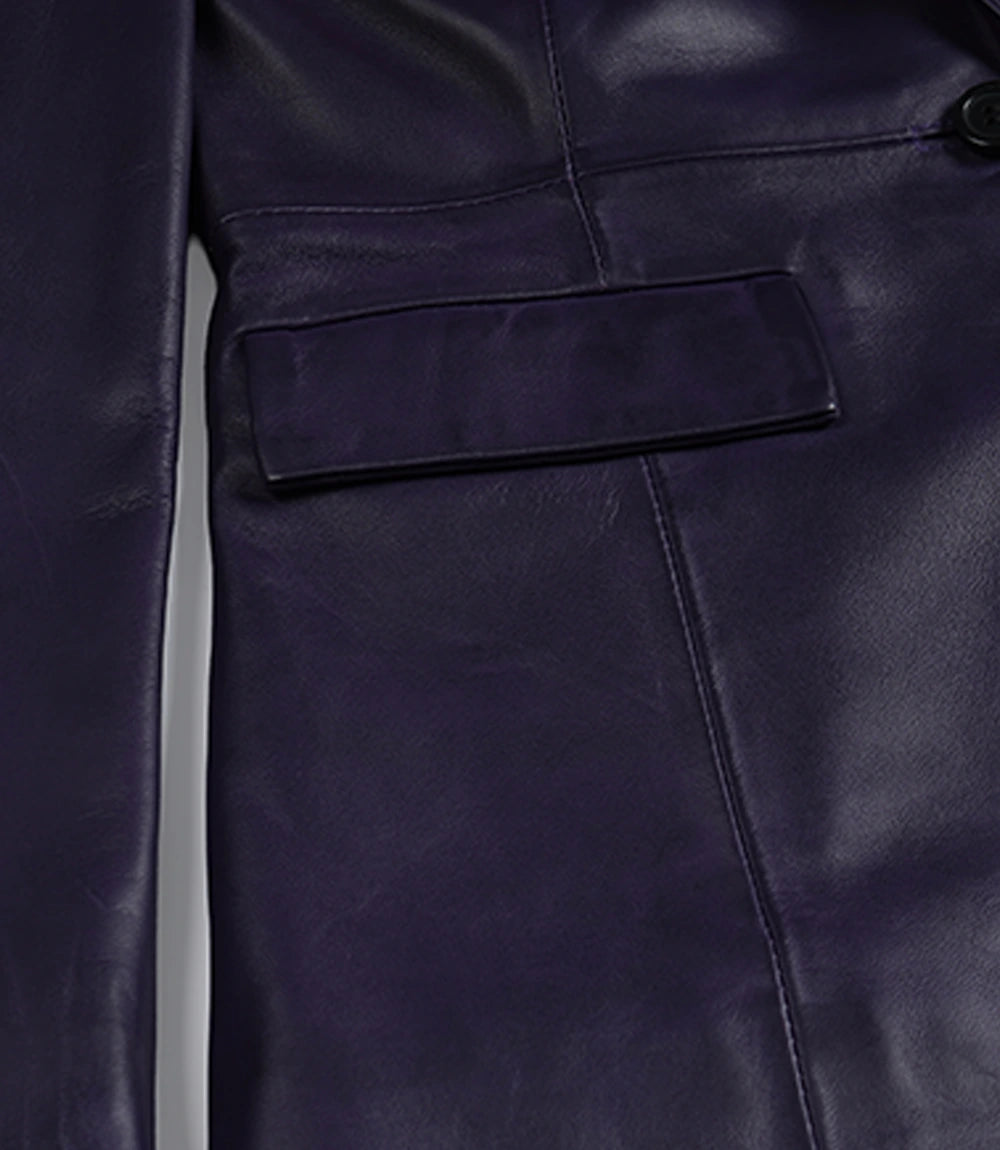 Women's Single Button Purple Real Leather Blazer