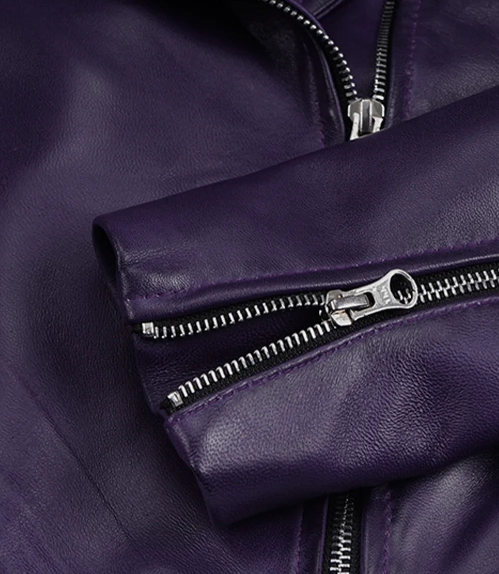 Women's Cropped Purple Biker Style Real Leather Jacket
