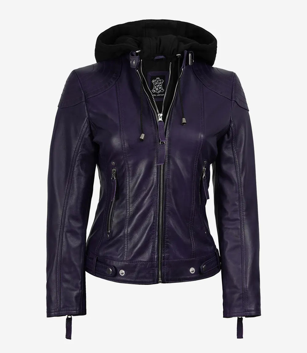 Women's Purple Real Leather Jacket With Removable Hood