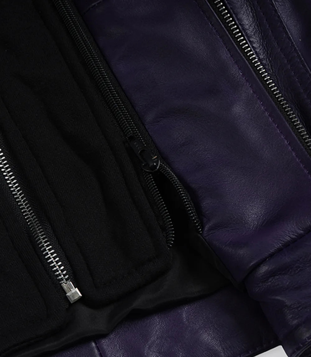Women's Purple Real Leather Jacket With Removable Hood