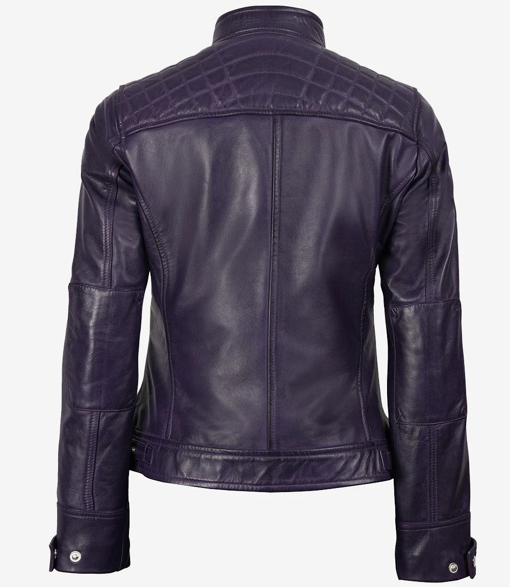 Women Purple Quilted Leather Cafe Racer Jacket