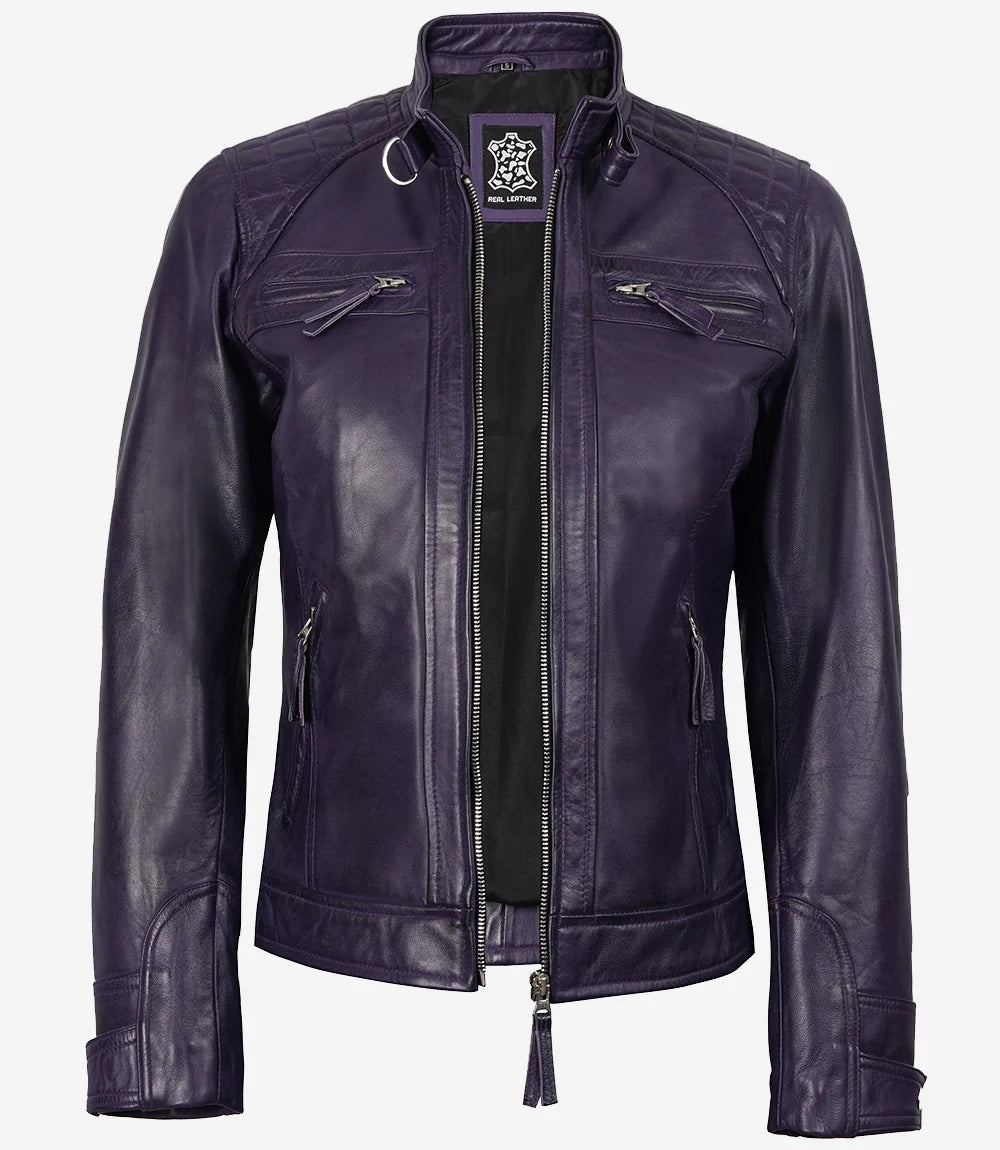 Women Purple Quilted Leather Cafe Racer Jacket