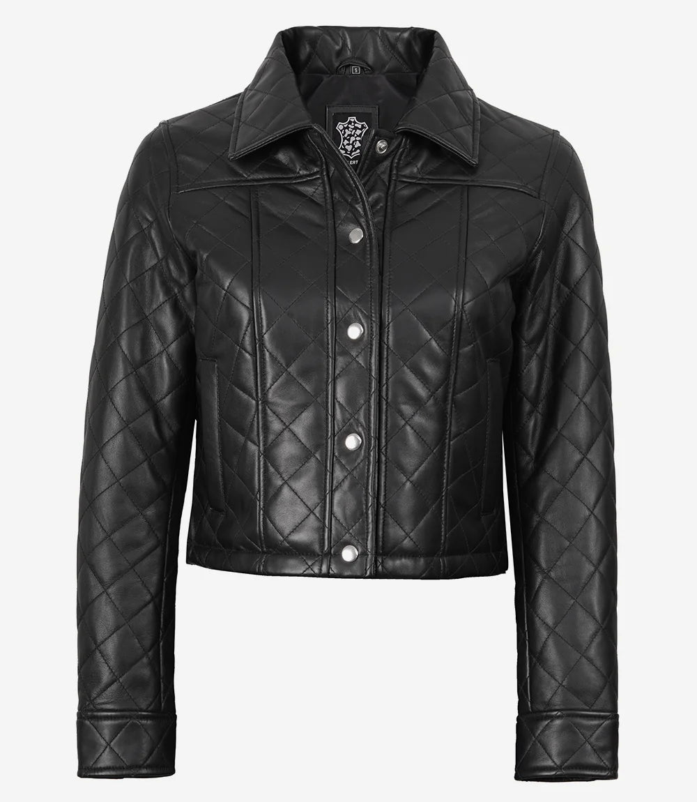 Women's Black Quilted Cropped Leather Jacket