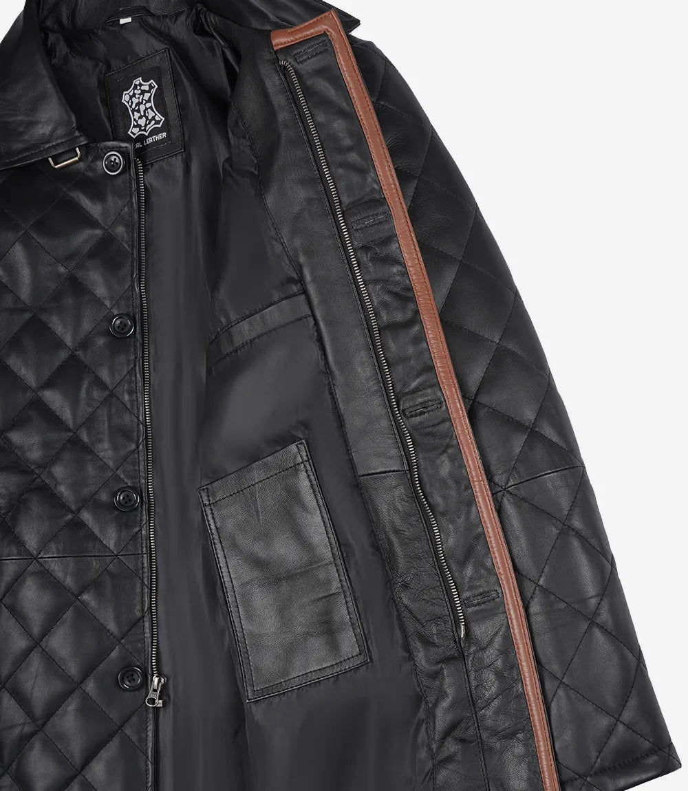 Men's Black Diamond Quilted Leather Car Coat