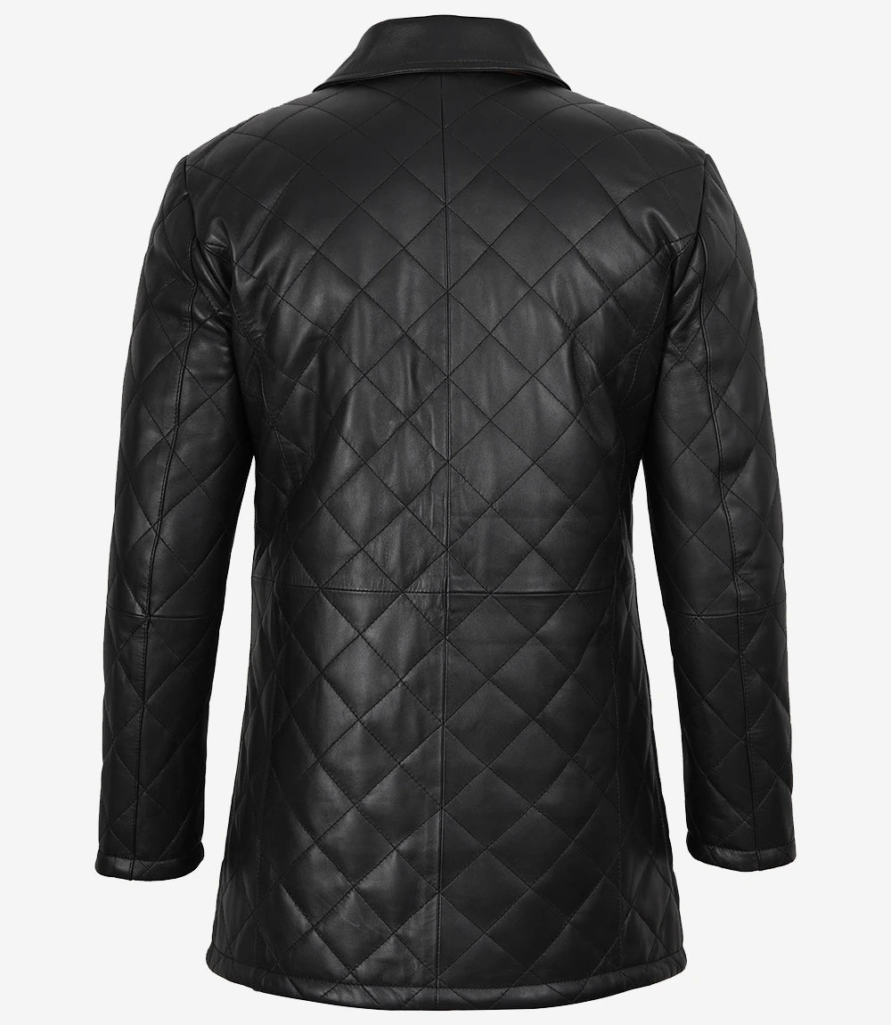 Men's Black Diamond Quilted Leather Car Coat