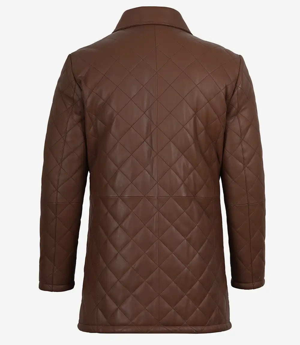 Men's Cognac Brown Diamond Quilted Leather Car Coat
