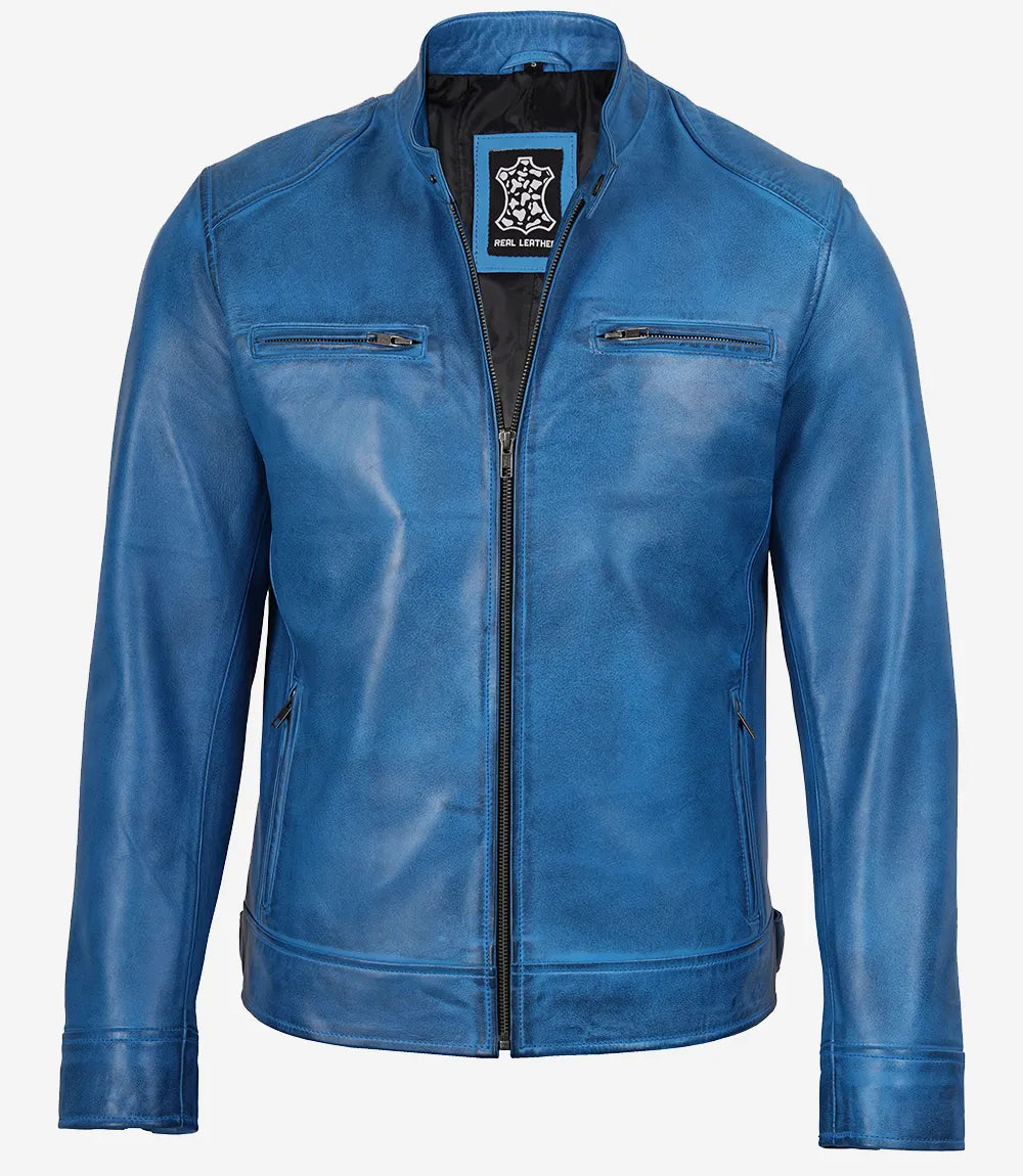 Arya Mens Cafe Racer Blue Leather Jacket