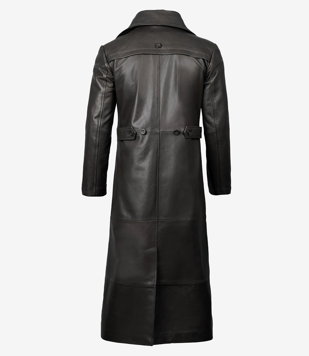 Black Men's Long Leather Duster Coat — Wide Lapel