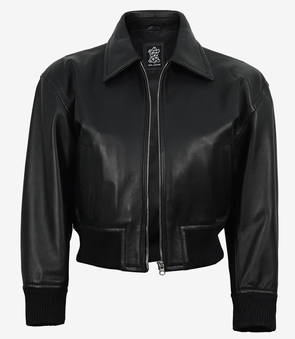 Women's Black Drop Shoulder Cropped Bomber Jacket — Shirt Collar Style