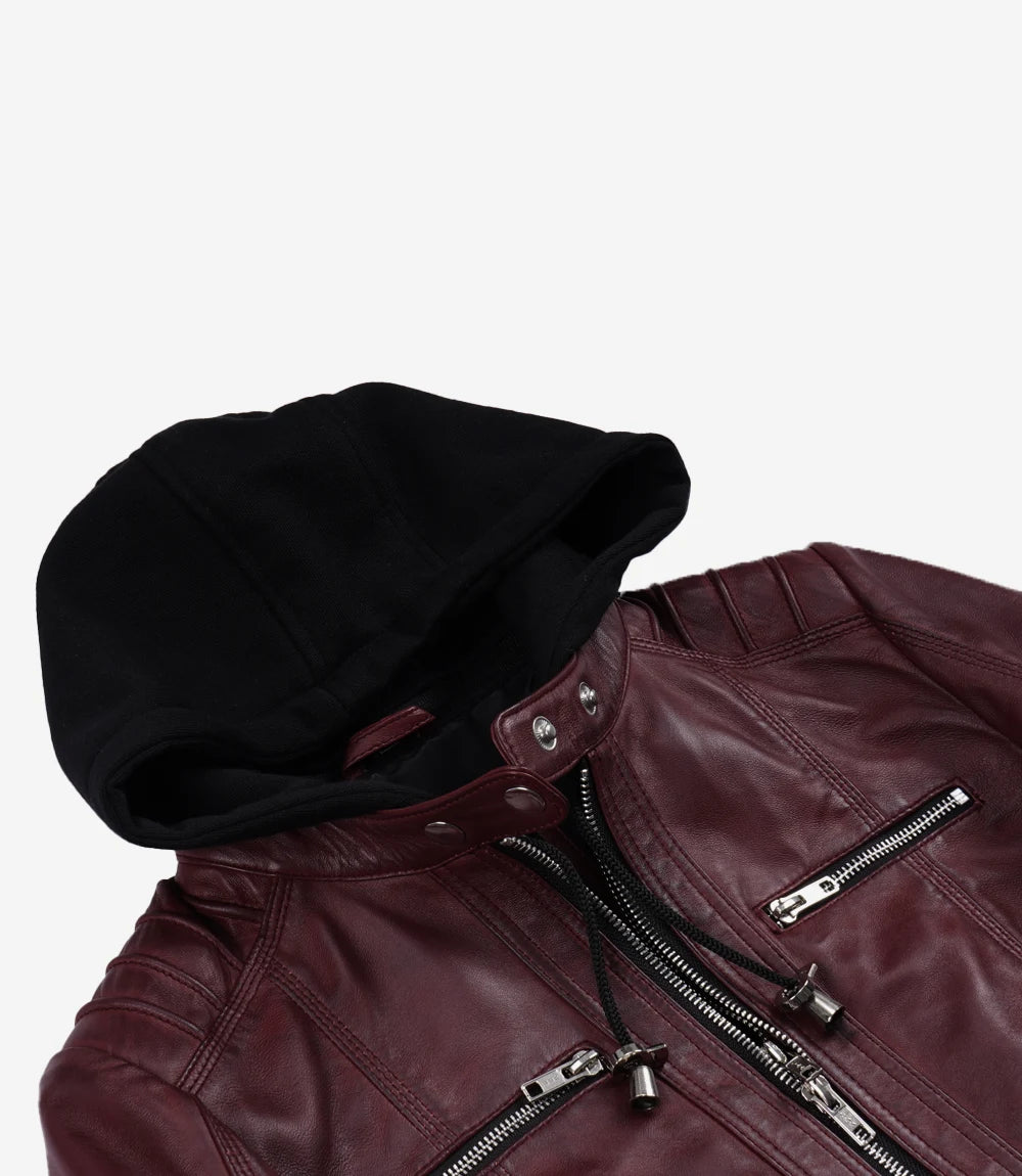 Burgundy Wax Real Leather Jacket - Removable Hood
