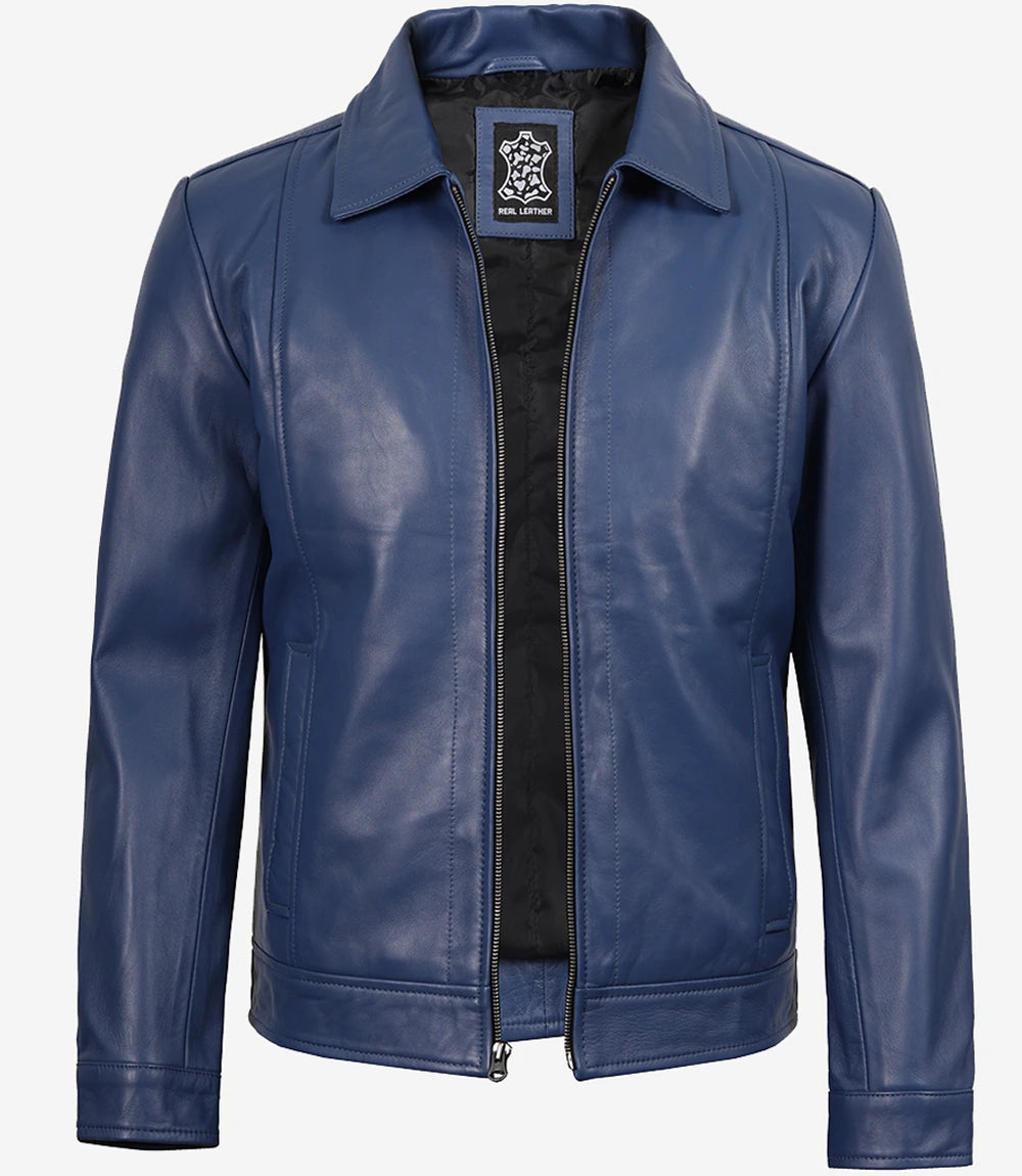 Men's Blue Real Leather Harrington Jacket