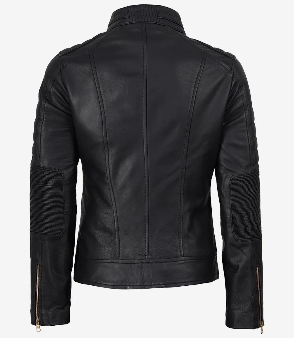 Women's Black Biker Style Leather Jacket - Golden Hardware