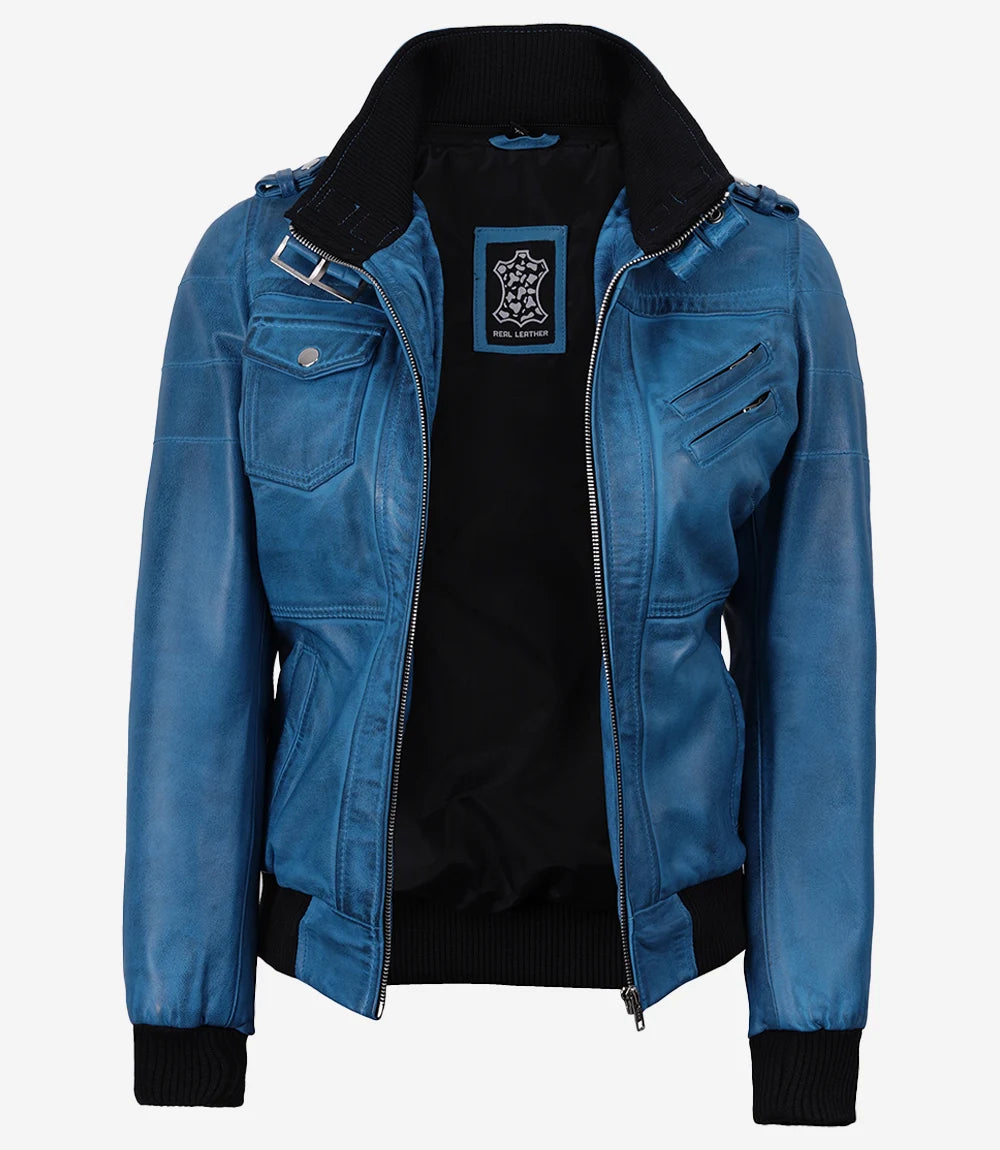 Women's Bomber Blue Wax Leather Jacket with Removable Hood