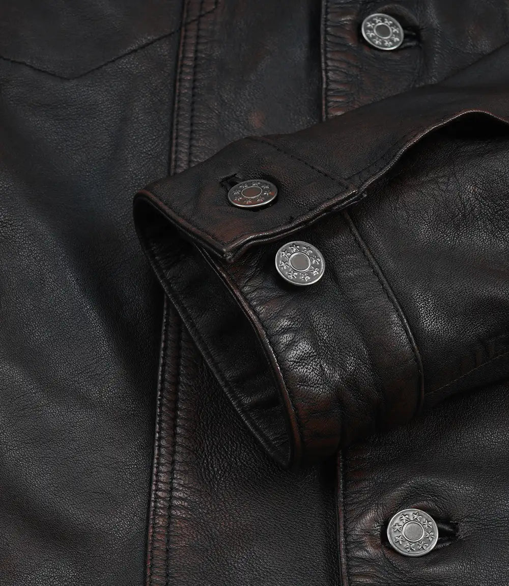 Men's Maroon Distressed Black Washed Leather Jacket - Trucker Style