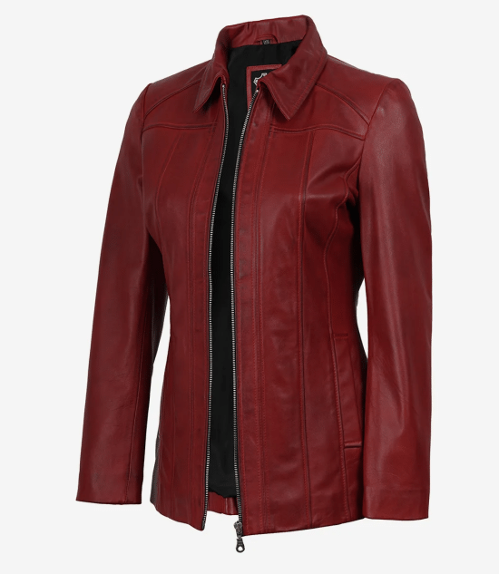 Women's Red Leather Car Coat with Shirt Collar