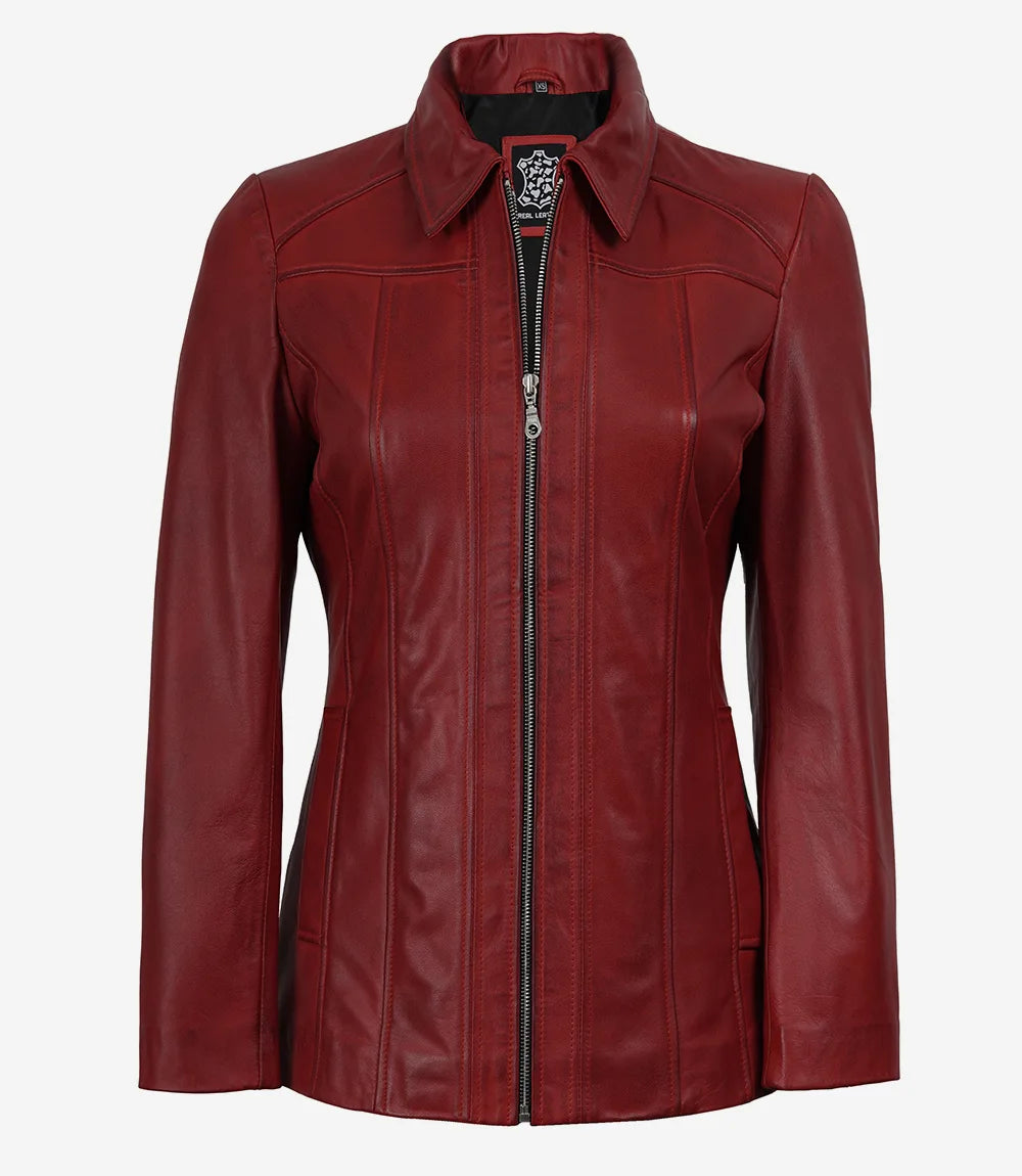 Women's Red Leather Car Coat with Shirt Collar